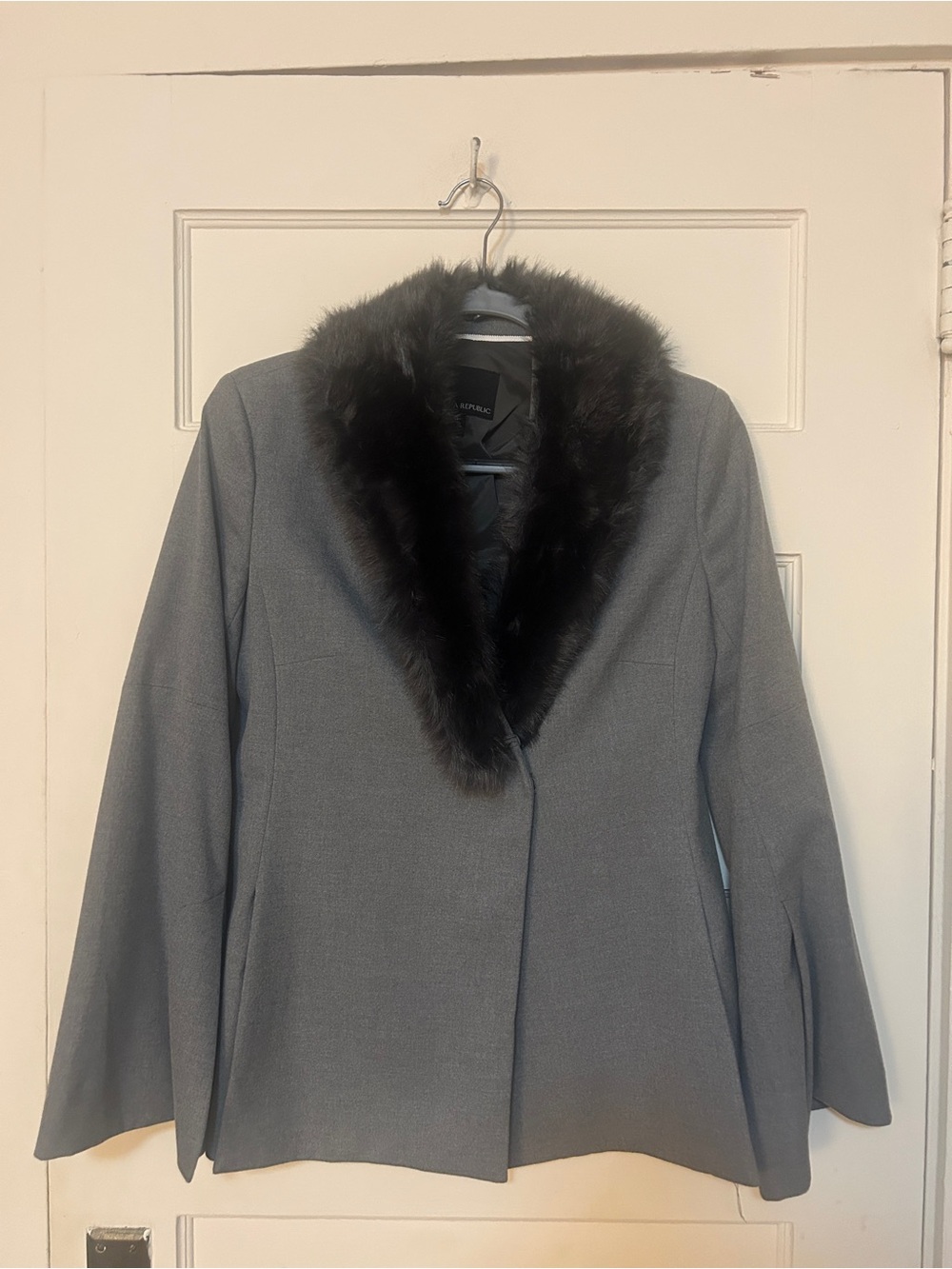 Banana Republic Gray Blazer with Black Faux Fur Collar